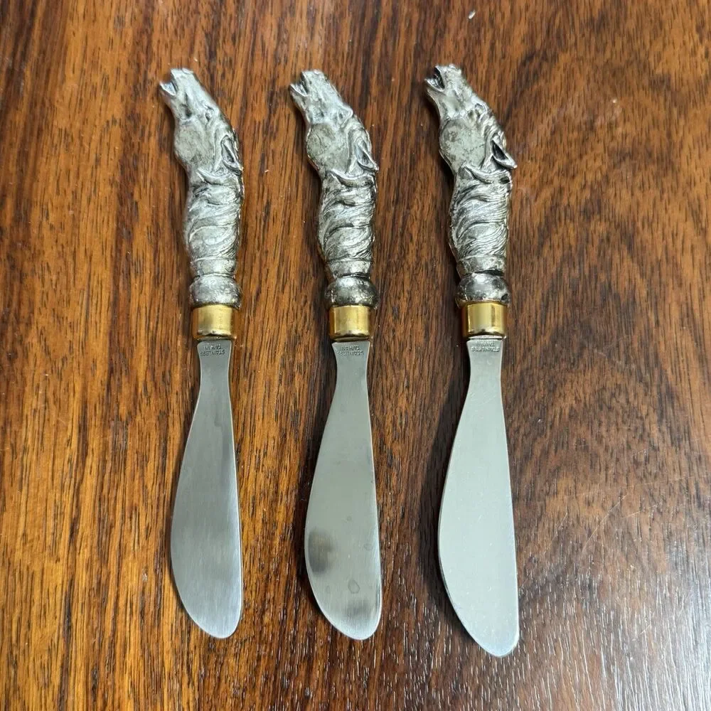 Vintage ARTHUR COURT Butter Knives (3) Pewter Horse Head Cheese Spreader Knives